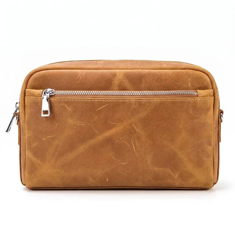 Men’s Leather Crossbody Clutch - Front Zip Pocket Bag with Wrist Strap - Brown