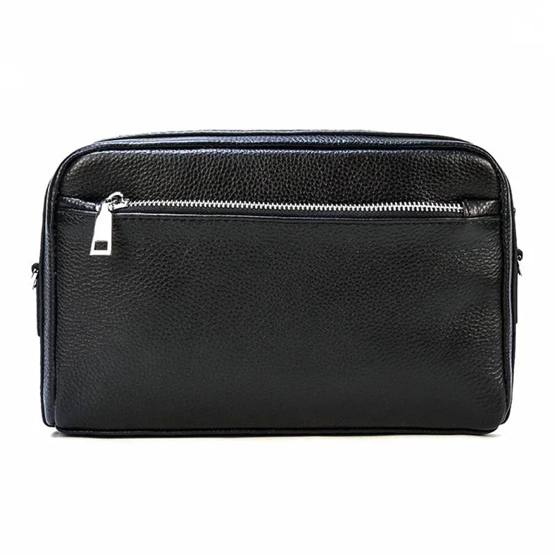 Men’s Leather Crossbody Clutch - Front Zip Pocket Bag with Wrist Strap - Black
