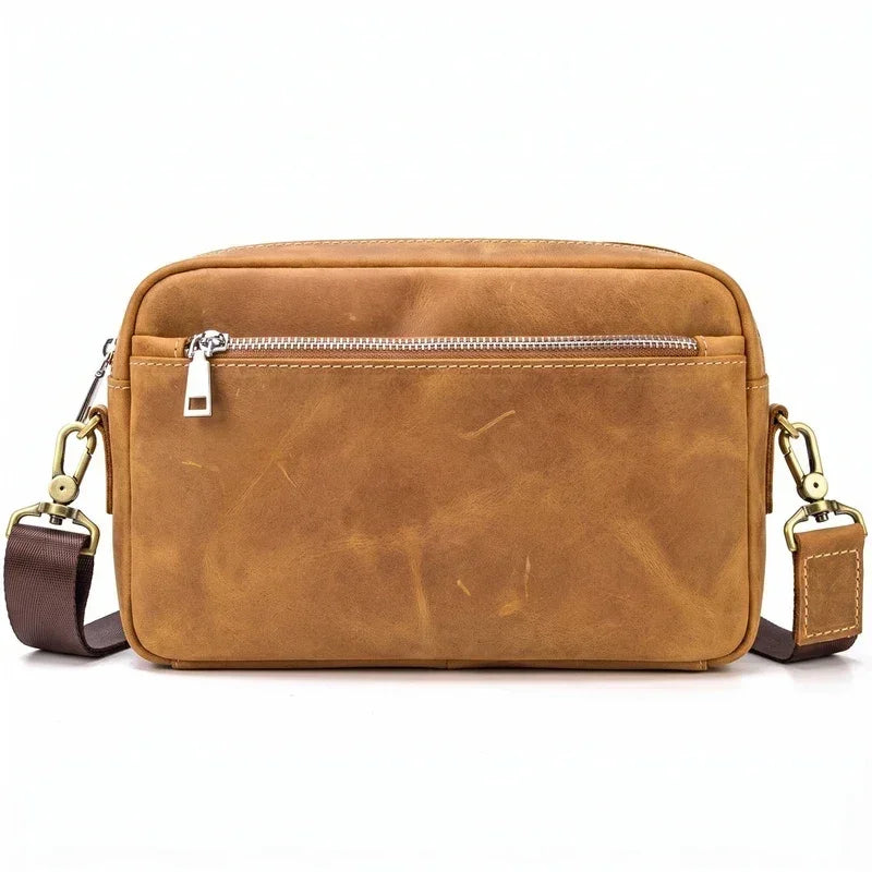 Men’s Leather Crossbody Clutch - Front Zip Pocket Bag with Wrist Strap