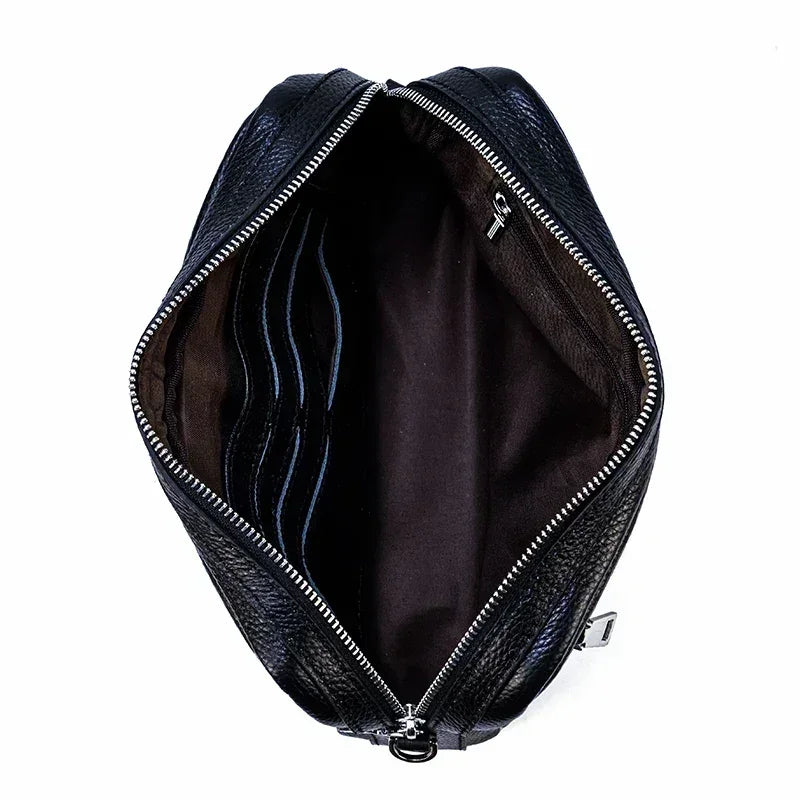 Men’s Leather Crossbody Clutch - Front Zip Pocket Bag with Wrist Strap