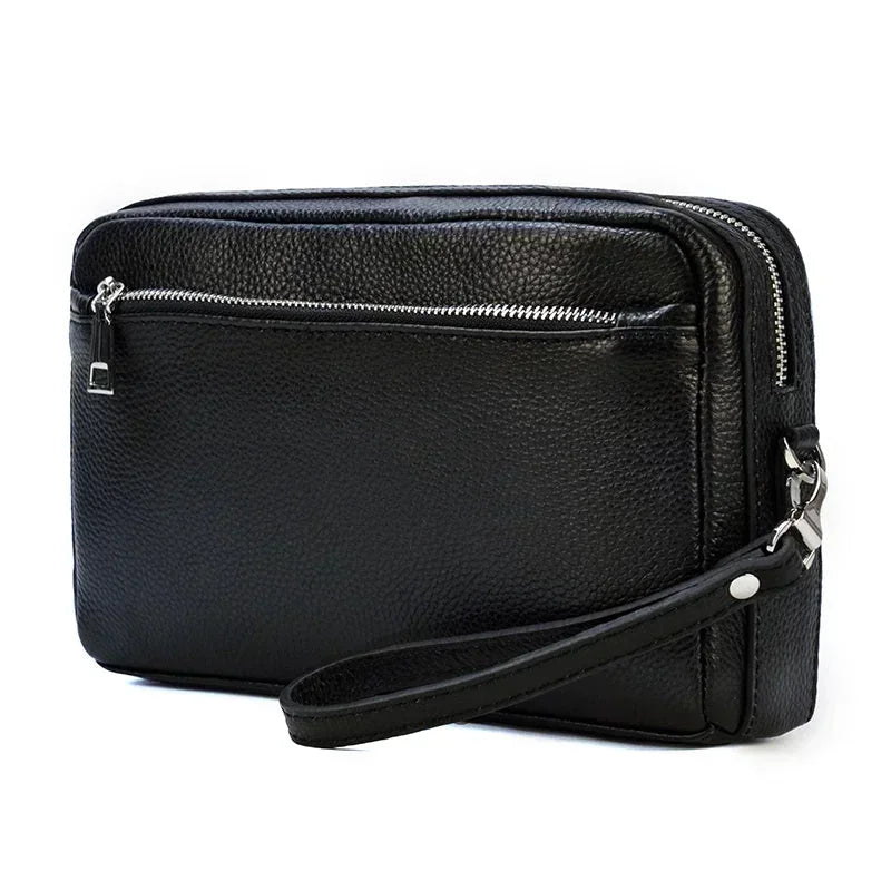 Men’s Leather Crossbody Clutch - Front Zip Pocket Bag with Wrist Strap
