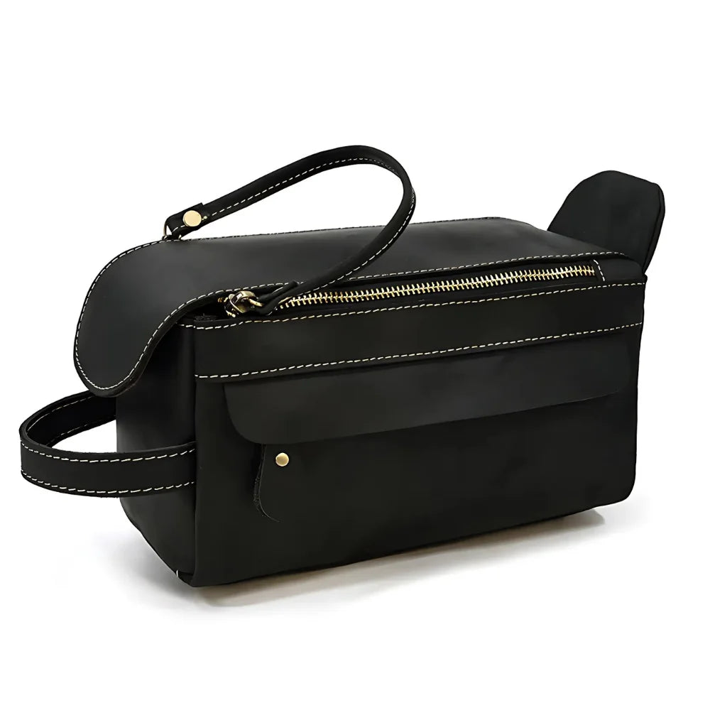 Men’s Leather Dopp Kit - Full-Grain Travel Toiletry Bag - Black