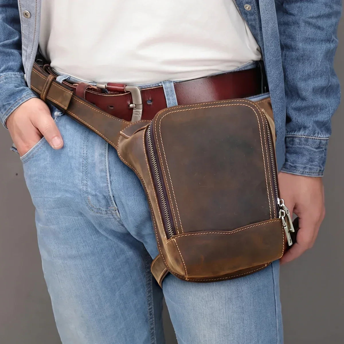 Men’s Leather Drop Leg Bag - Crazy Horse Thigh Bag with Belt - Coffee