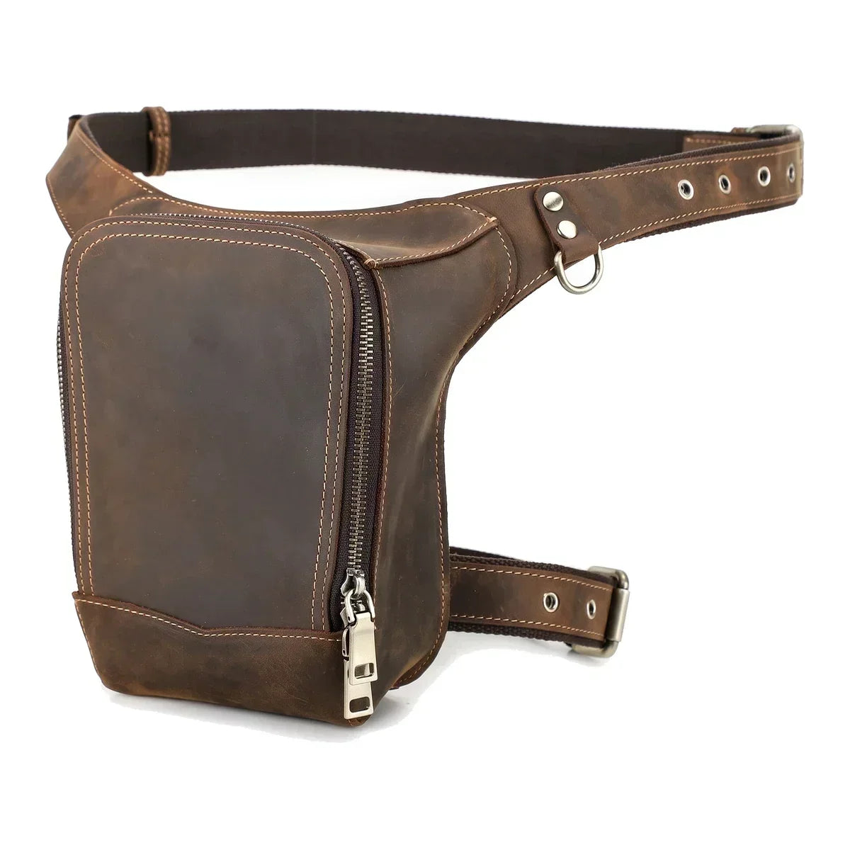 Men’s Leather Drop Leg Bag - Crazy Horse Thigh Bag with Belt - Coffee