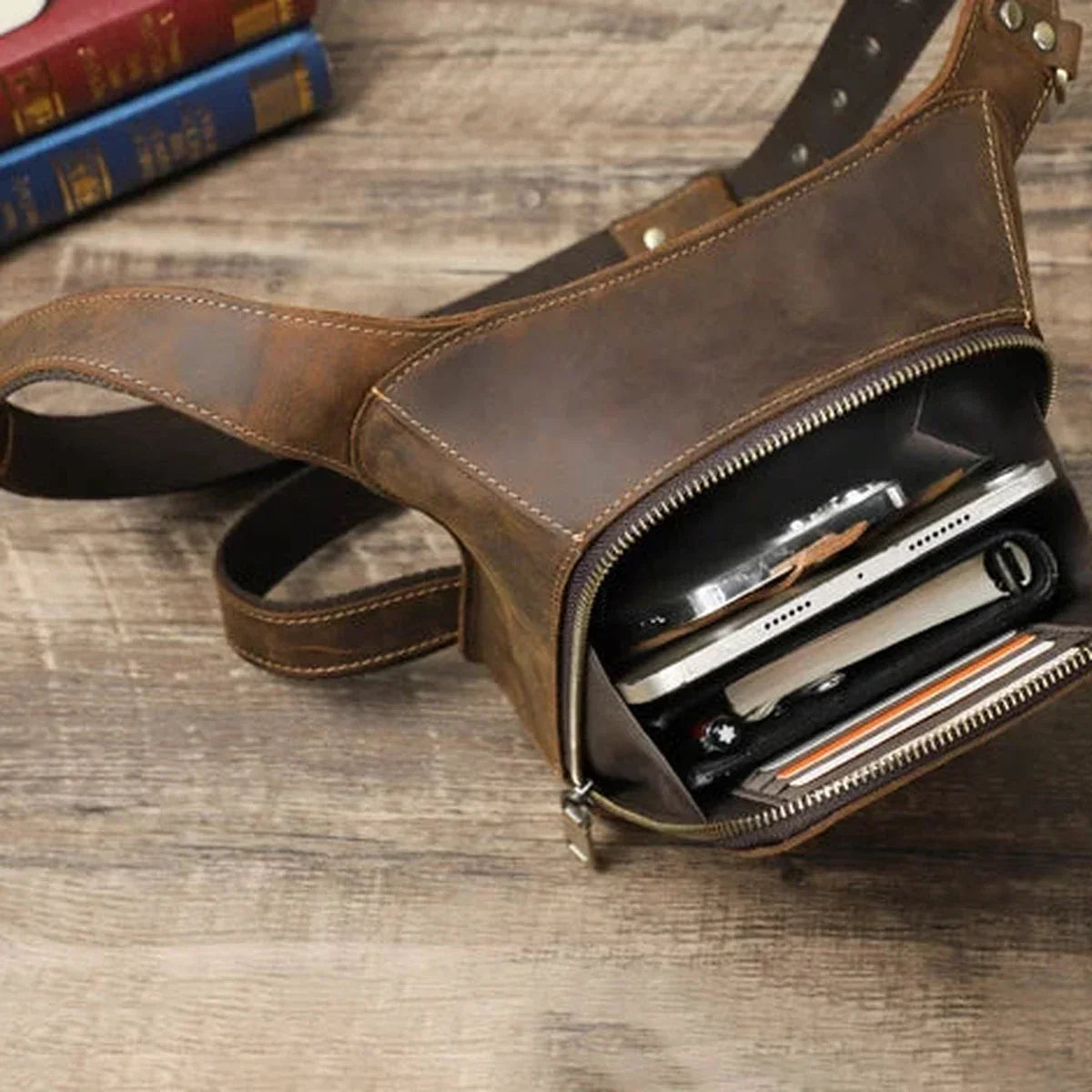 Men’s Leather Drop Leg Bag - Crazy Horse Thigh Bag with Belt - Coffee