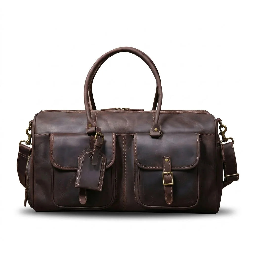 Men’s Leather Duffle Bag - Crazy Horse Front Pocket Weekender