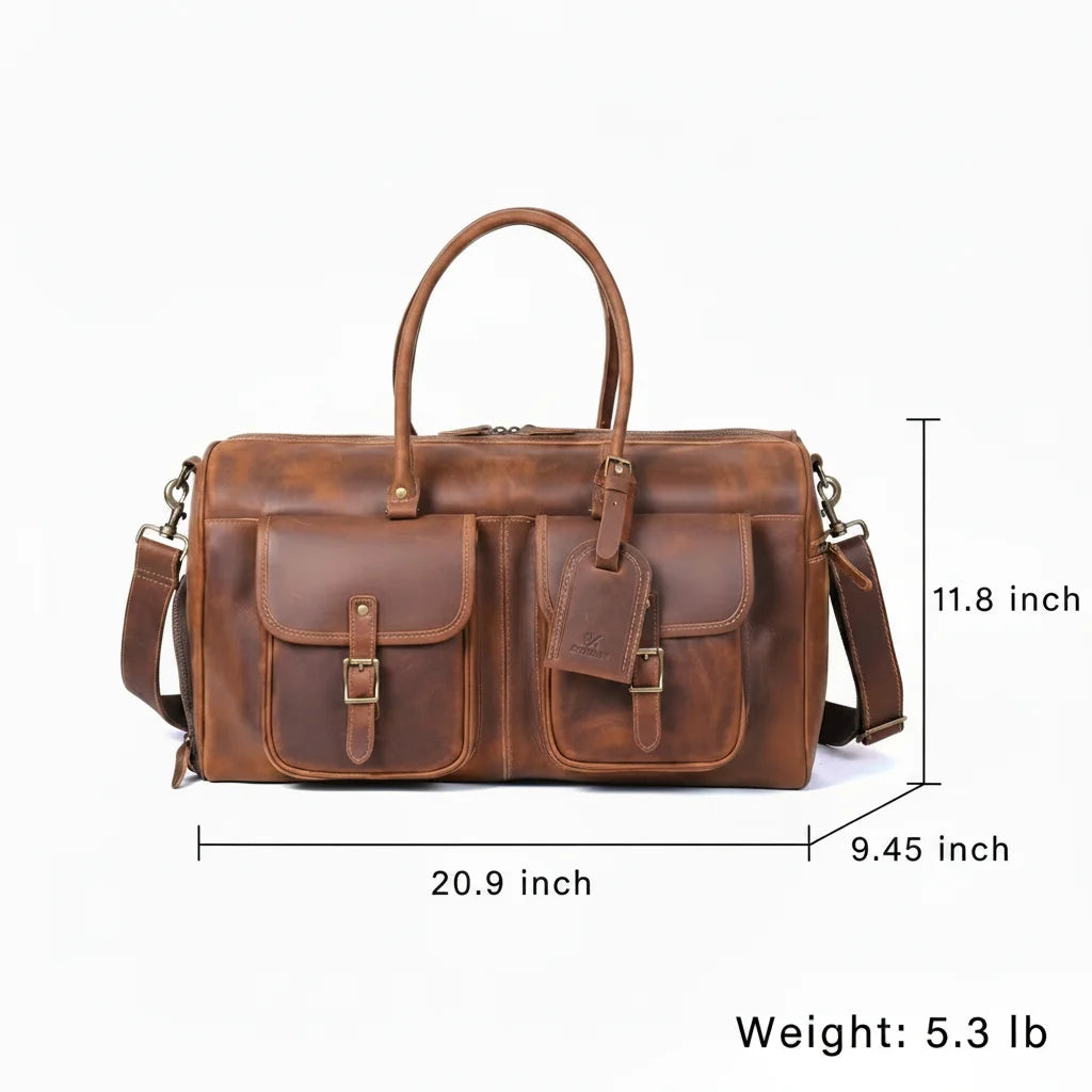 Men’s Leather Duffle Bag - Crazy Horse Front Pocket Weekender