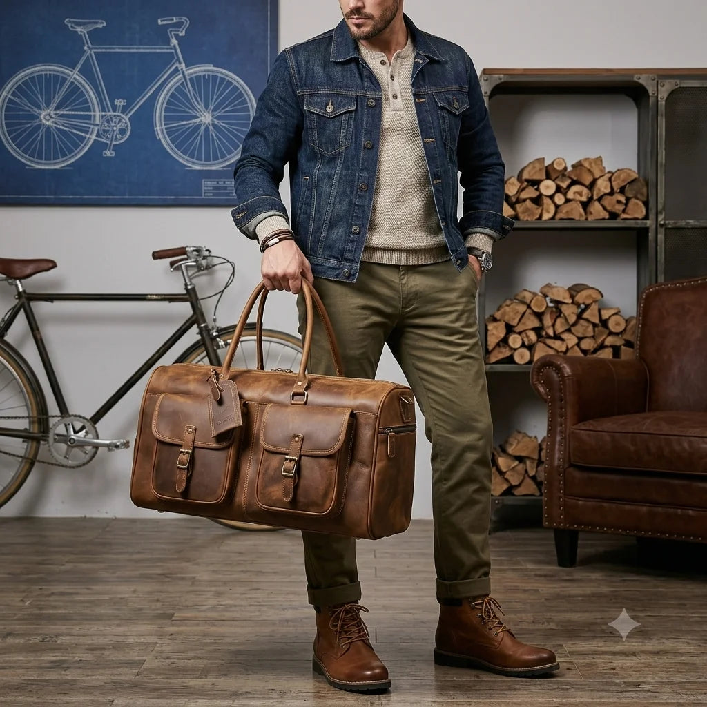 Men’s Leather Duffle Bag - Crazy Horse Front Pocket Weekender