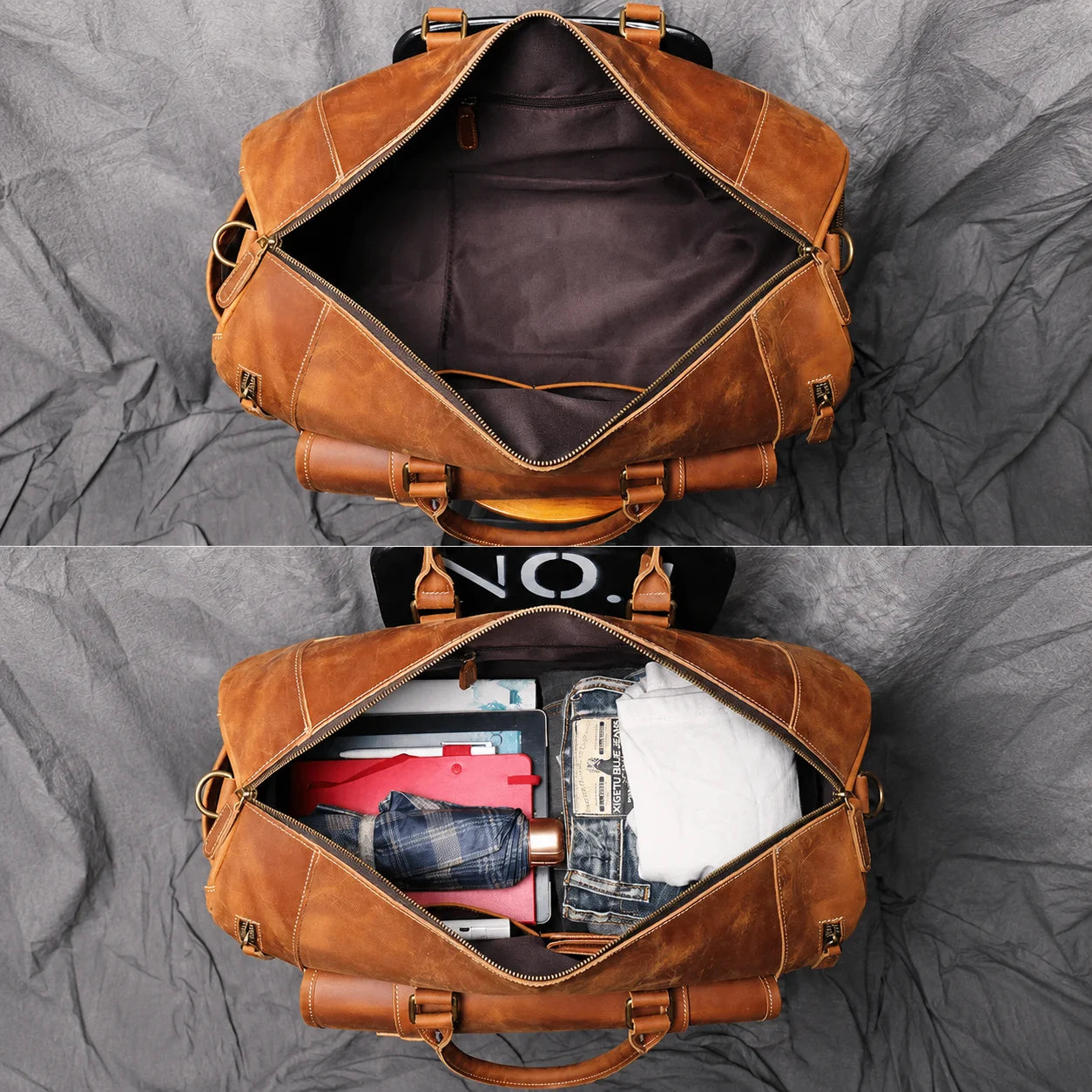 Men’s Leather Duffle Bag - Crazy Horse Shoe Pocket Weekender