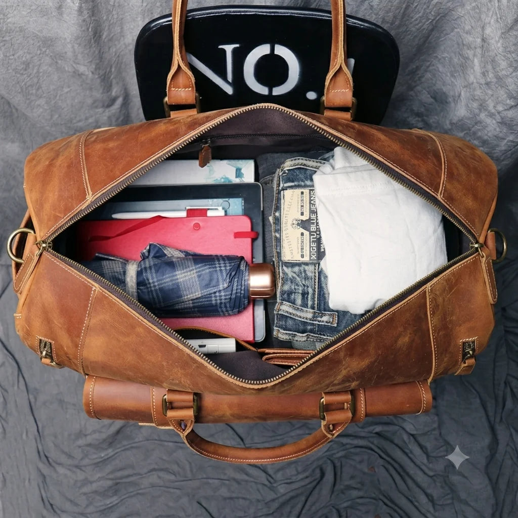 Men’s Leather Duffle Bag - Crazy Horse Shoe Pocket Weekender