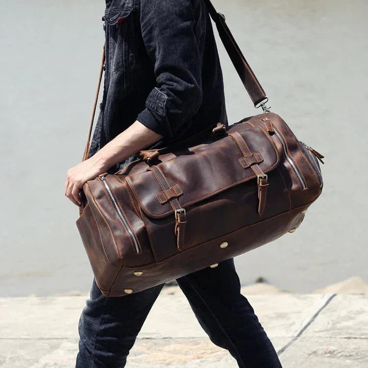 Men’s Leather Duffle Bag - Crazy Horse Shoe Pocket Weekender