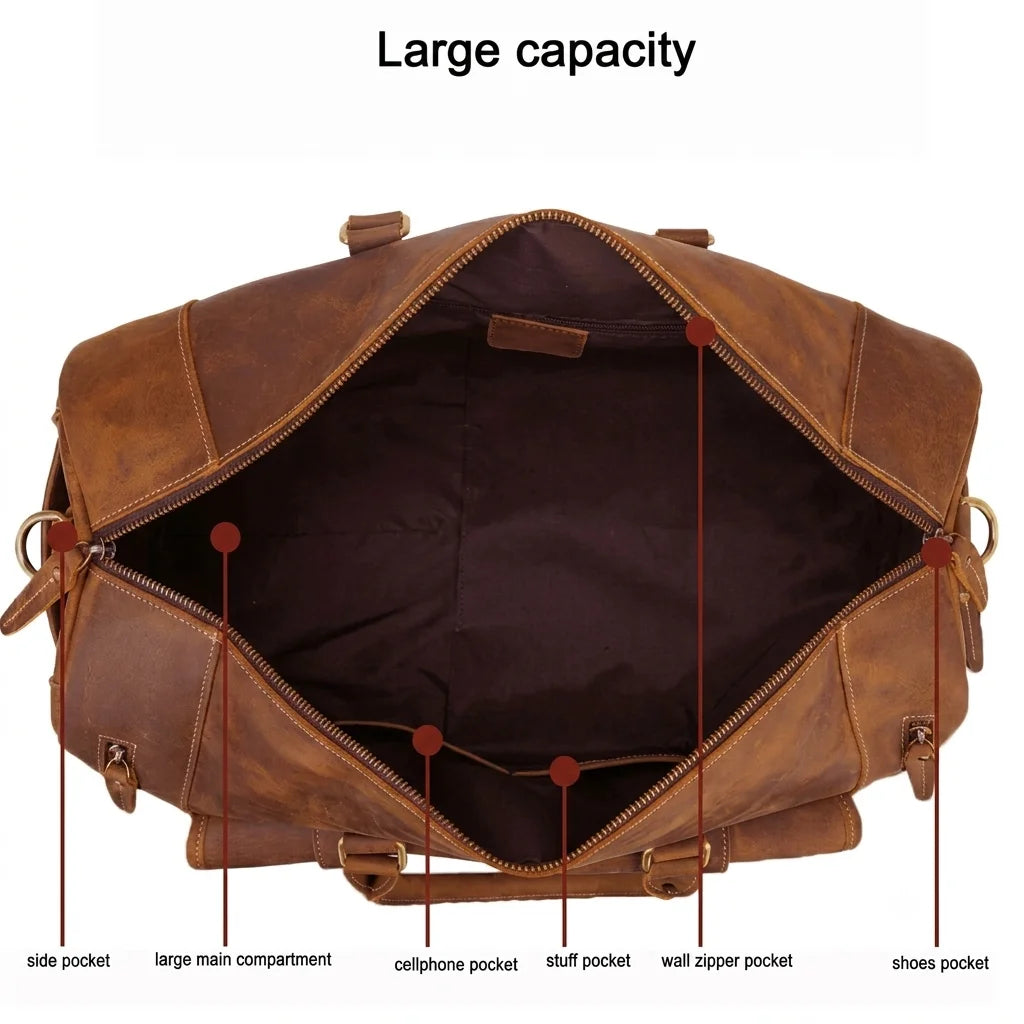 Men’s Leather Duffle Bag - Crazy Horse Shoe Pocket Weekender