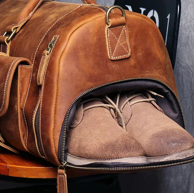 Men’s Leather Duffle Bag - Crazy Horse Shoe Pocket Weekender