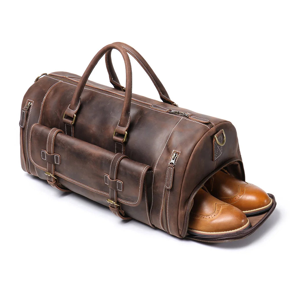Men’s Leather Duffle Bag - Crazy Horse Shoe Pocket Weekender