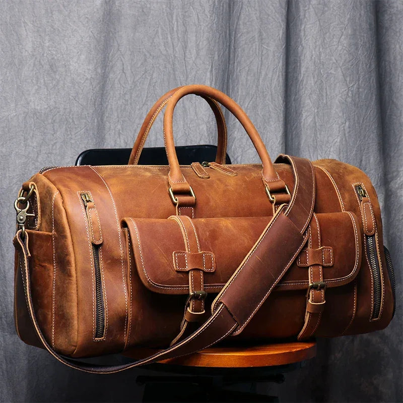 Men’s Leather Duffle Bag - Crazy Horse Shoe Pocket Weekender