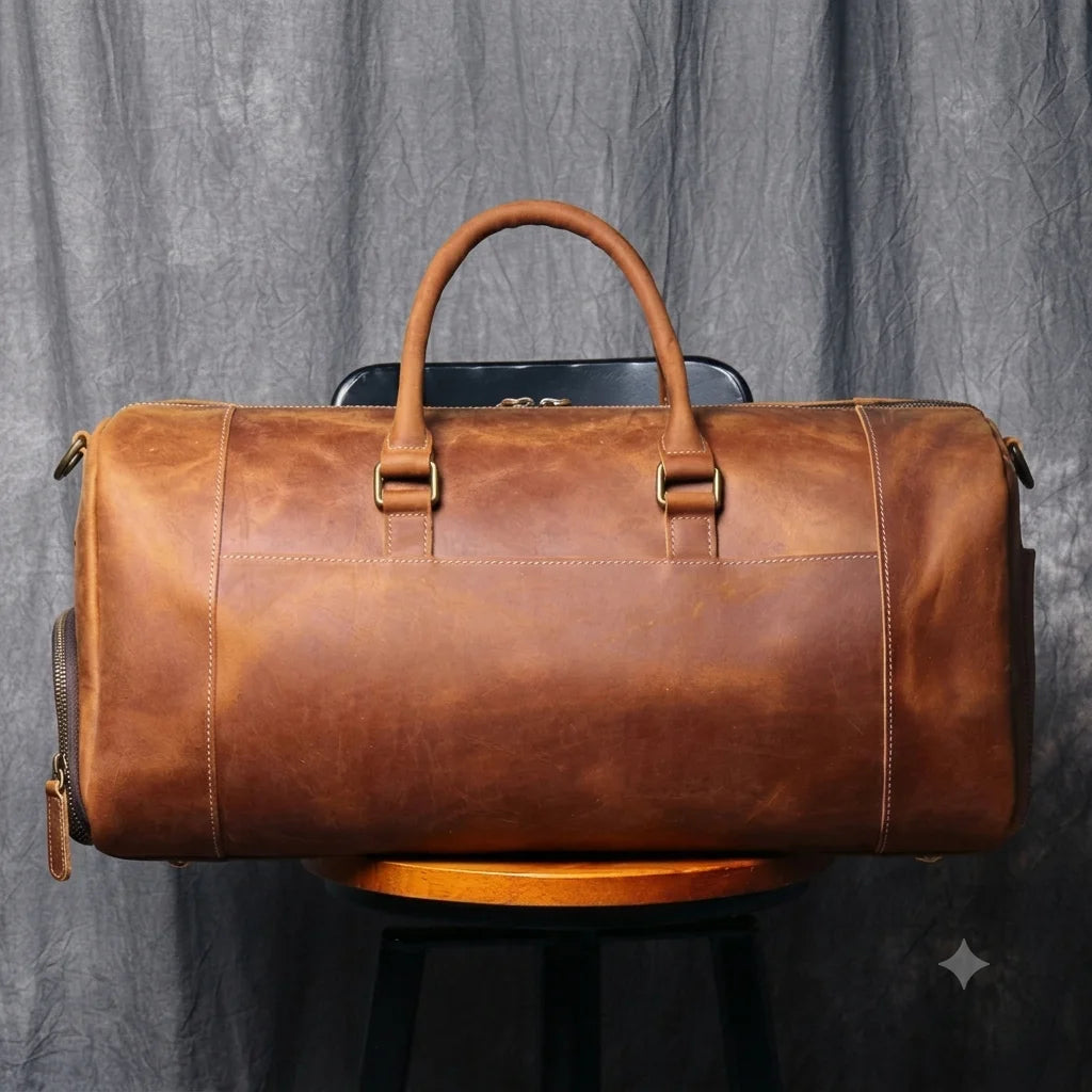 Men’s Leather Duffle Bag - Crazy Horse Shoe Pocket Weekender