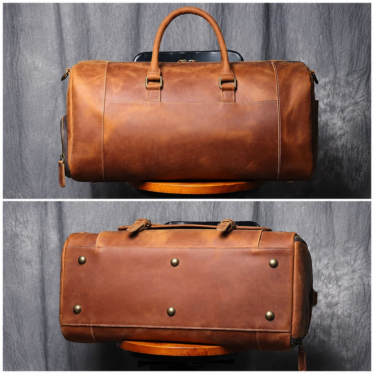 Men’s Leather Duffle Bag - Crazy Horse Shoe Pocket Weekender