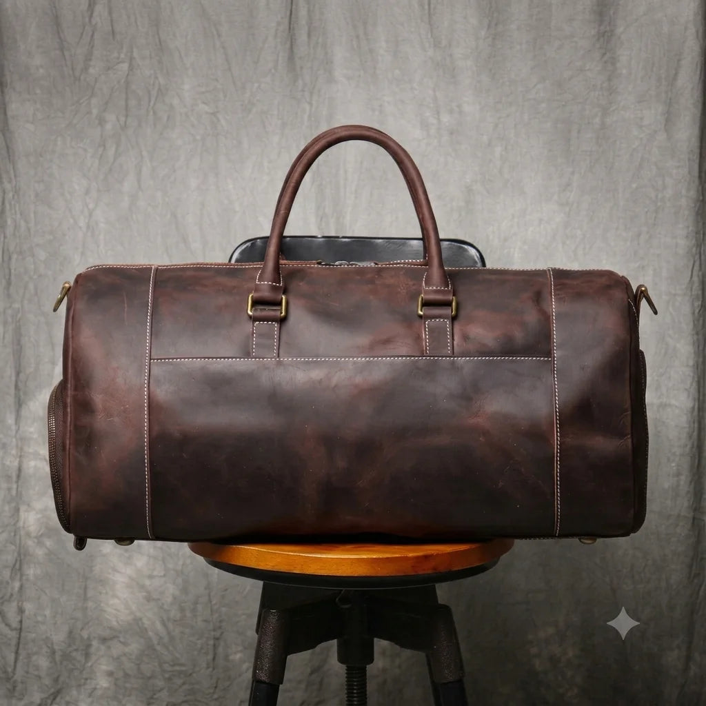 Men’s Leather Duffle Bag - Crazy Horse Shoe Pocket Weekender