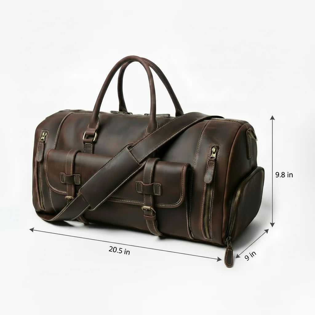 Men’s Leather Duffle Bag - Crazy Horse Shoe Pocket Weekender