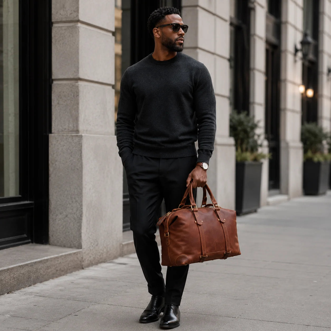 Men’s Leather Duffle Bag - Diagonal Zip Weekender