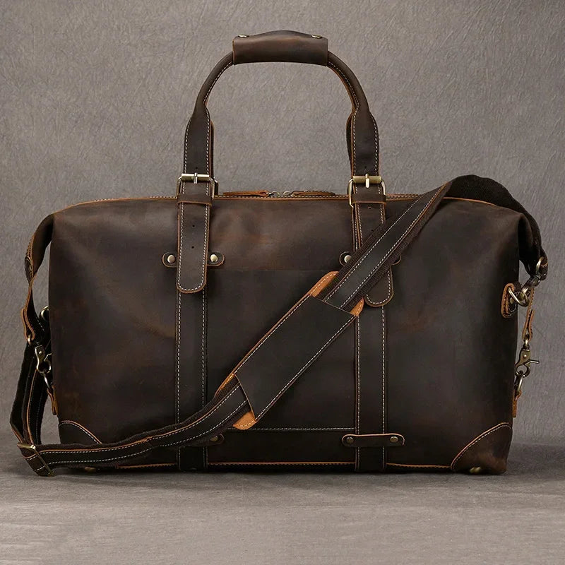 Men’s Leather Duffle Bag - Diagonal Zip Weekender - Dark Brwon