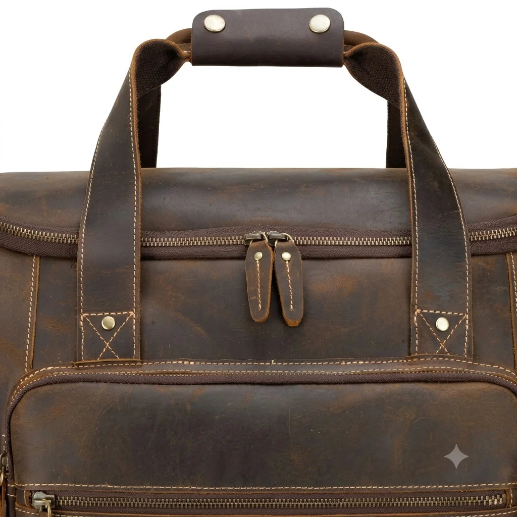Men’s Leather Duffle Bag - Extra Large 50L Weekender - Coffee