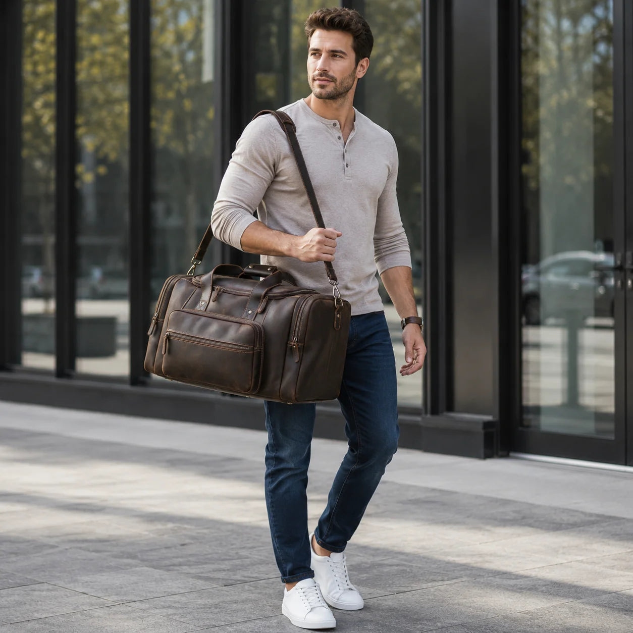 Men’s Leather Duffle Bag - Extra Large 50L Weekender - Coffee