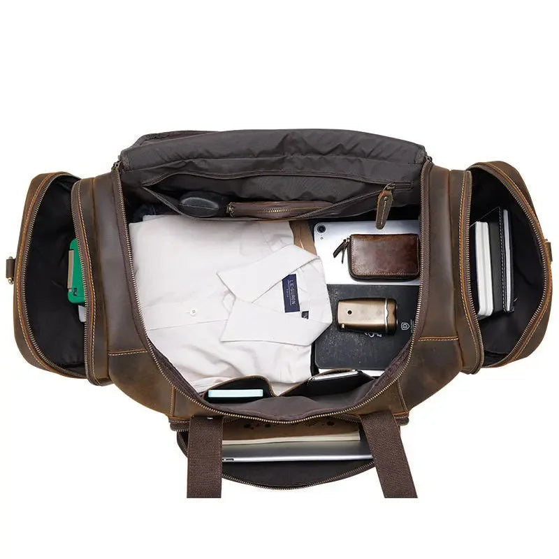 Men’s Leather Duffle Bag - Extra Large 50L Weekender - Coffee