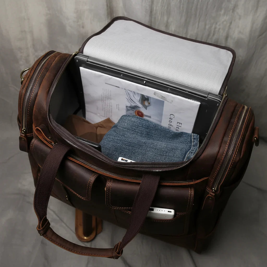 Men’s Leather Duffle Bag - Laptop Compartment Weekender