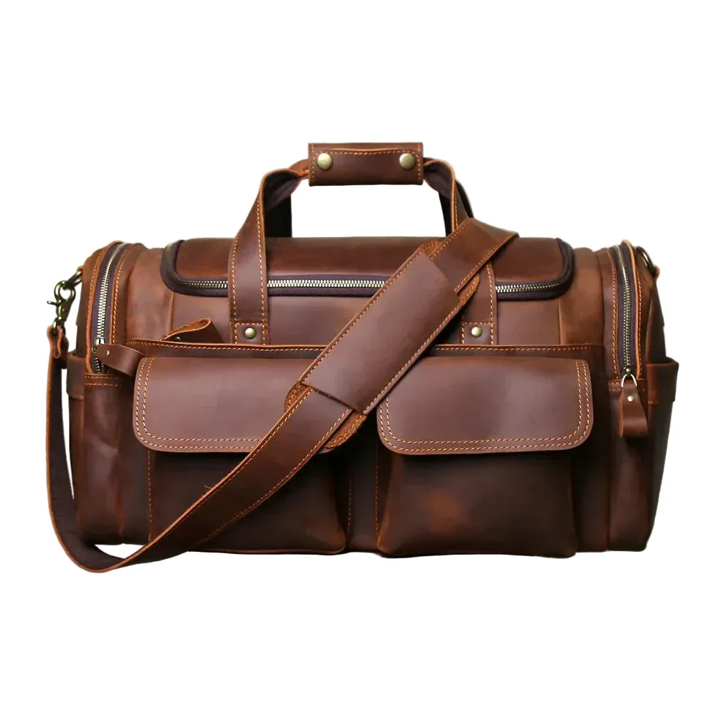 Men’s Leather Duffle Bag - Laptop Compartment Weekender - Brown
