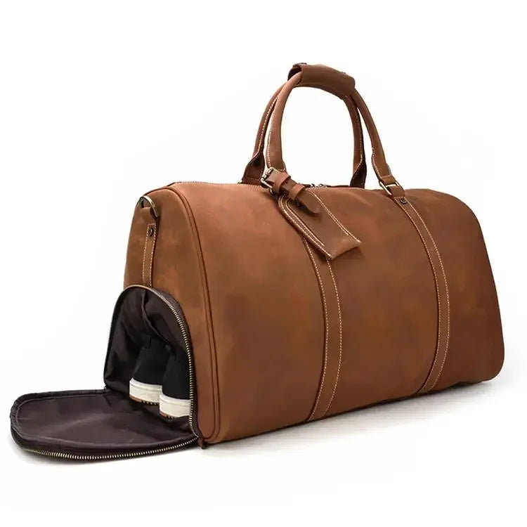 Men’s Leather Duffle Bag – Large Capacity with Shoe Compartment - Brown