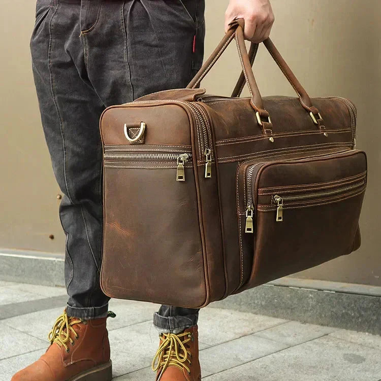 Men’s Leather Duffle Bag - Multi-Pocket Travel Organizer