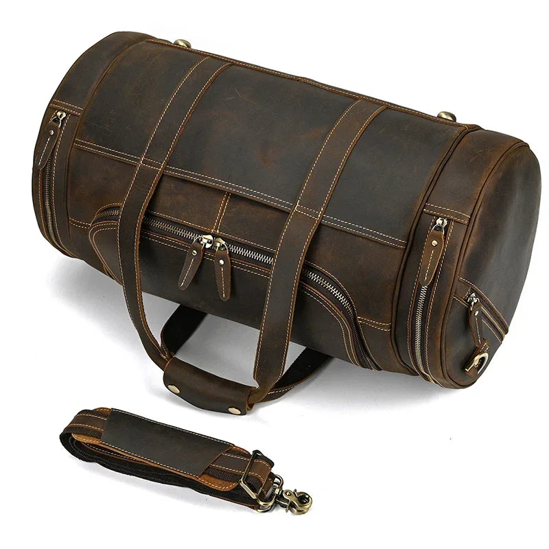 Men’s Leather Duffle Bag - Round Barrel Design