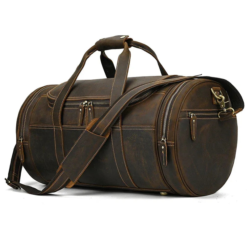 Men’s Leather Duffle Bag - Round Barrel Design