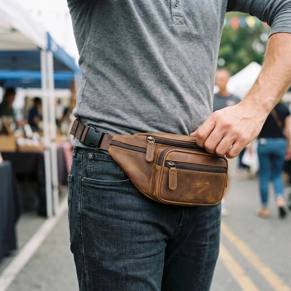 Men’s Leather Fanny Pack - Crazy Horse Waist Bag with Zip Pockets - Dark Brown