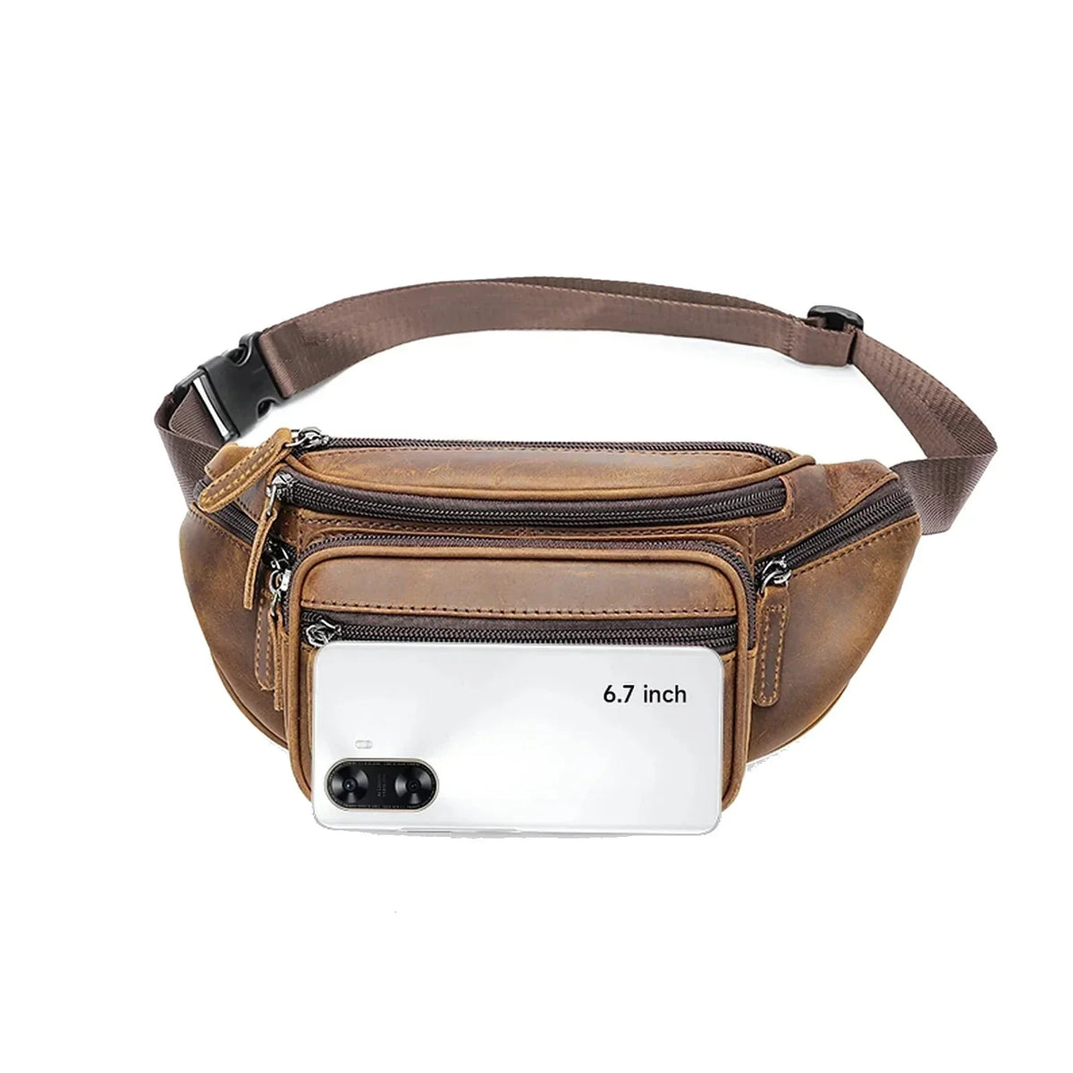 Men’s Leather Fanny Pack - Crazy Horse Waist Bag with Zip Pockets - Dark Brown