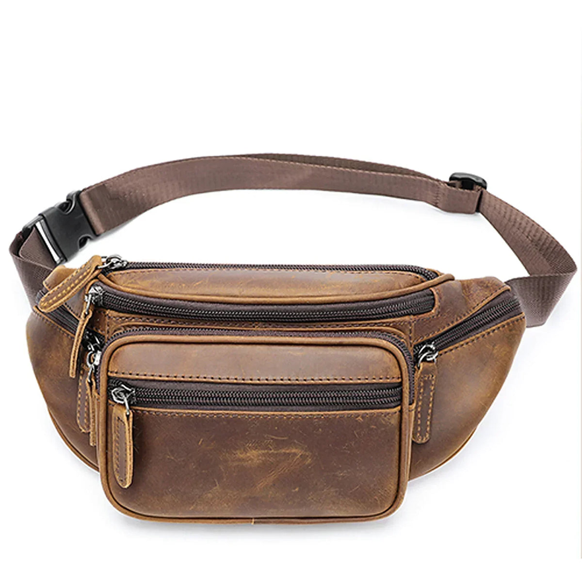 Men’s Leather Fanny Pack - Crazy Horse Waist Bag with Zip Pockets - Dark Brown