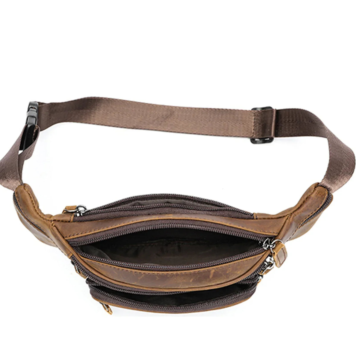 Men’s Leather Fanny Pack - Crazy Horse Waist Bag with Zip Pockets - Dark Brown