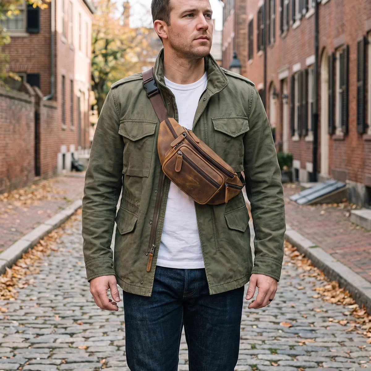 Men’s Leather Fanny Pack - Crazy Horse Waist Bag with Zip Pockets - Dark Brown