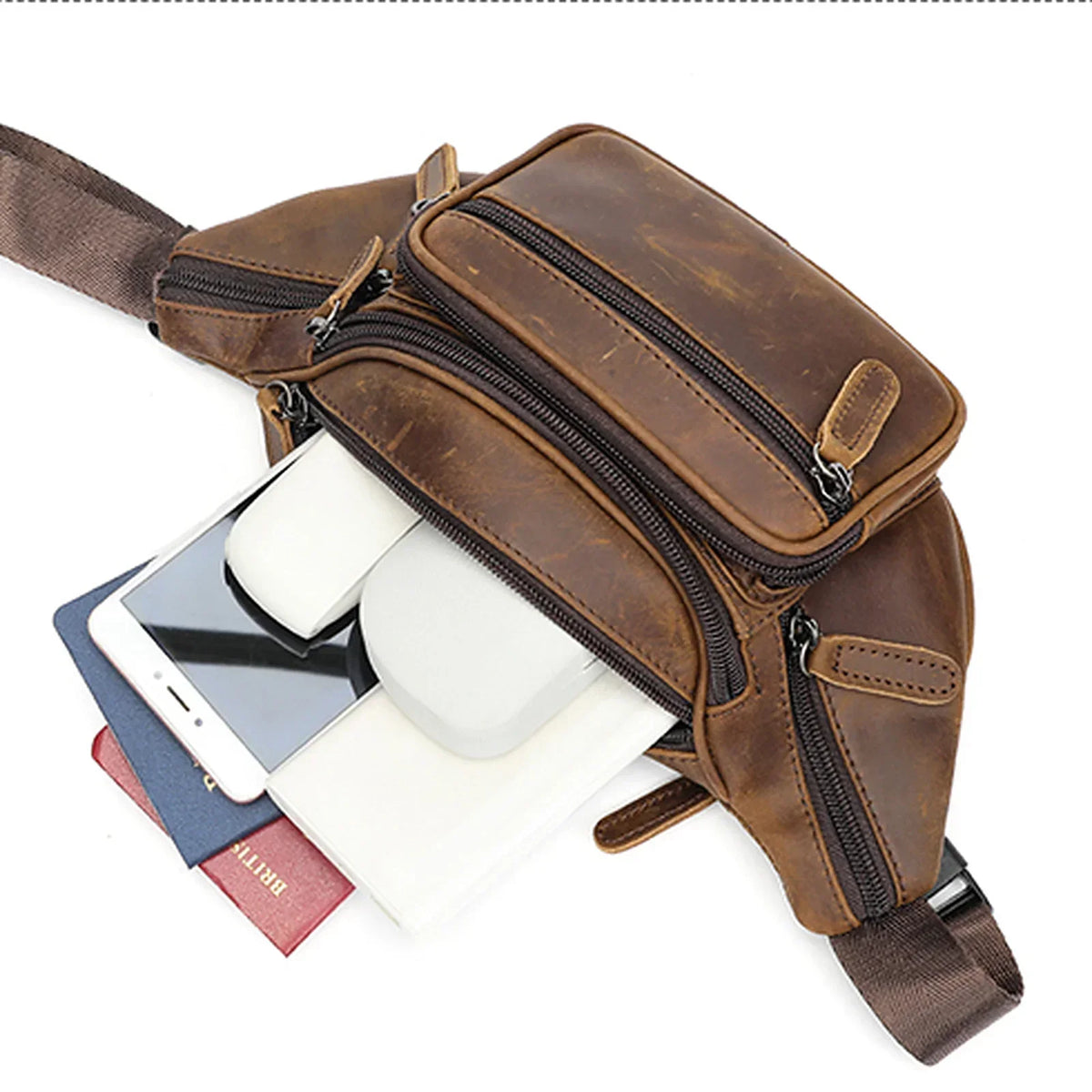 Men’s Leather Fanny Pack - Crazy Horse Waist Bag with Zip Pockets - Dark Brown