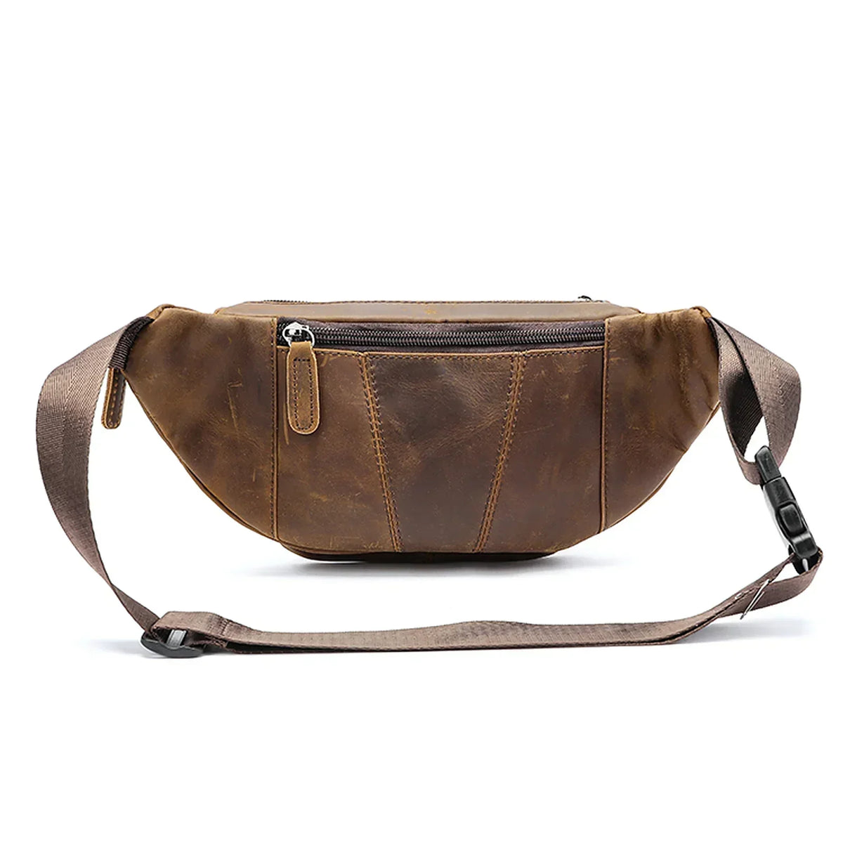 Men’s Leather Fanny Pack - Crazy Horse Waist Bag with Zip Pockets - Dark Brown
