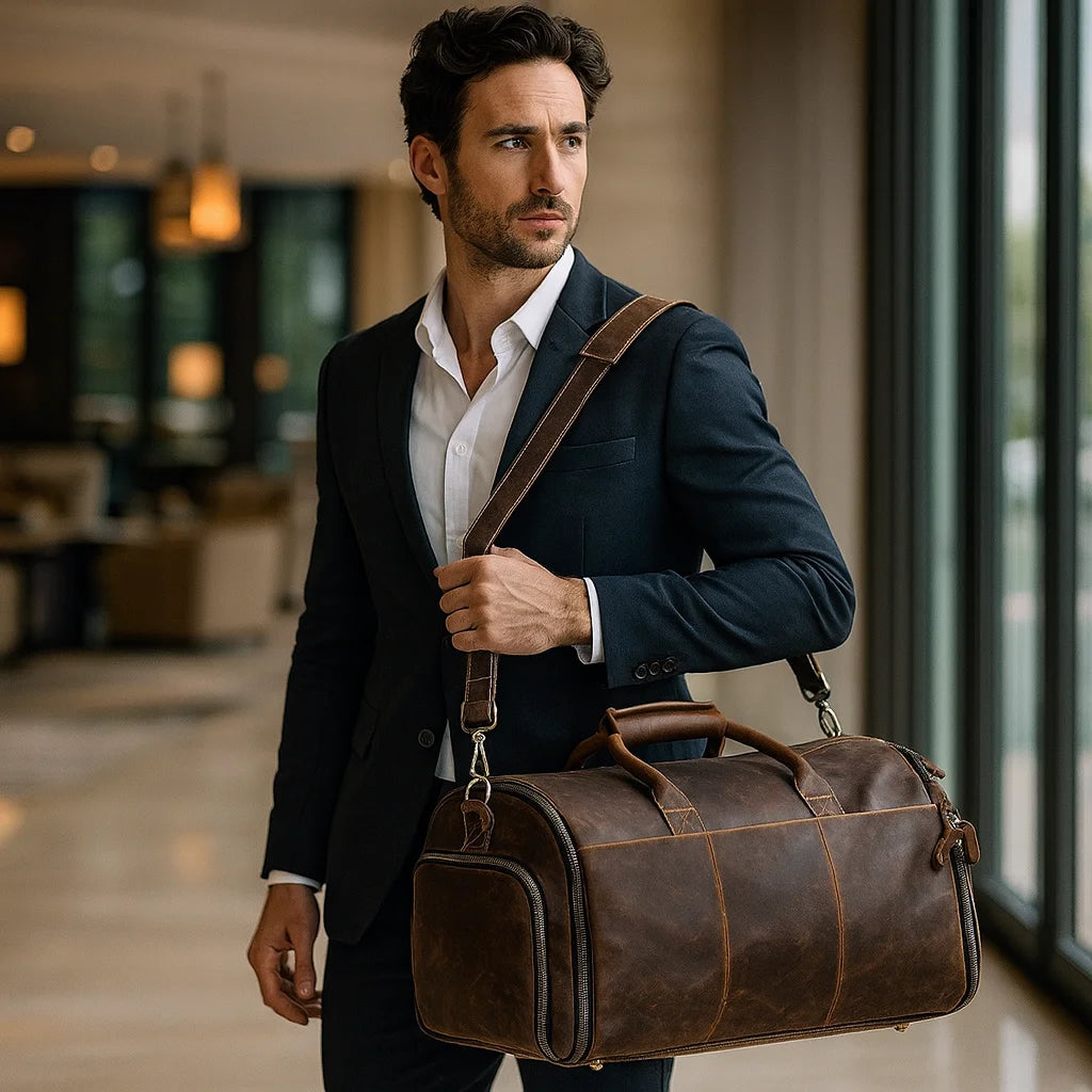 Men’s Leather Garment Duffle Bag – Full-Open Suit & Shoe Travel Bag
