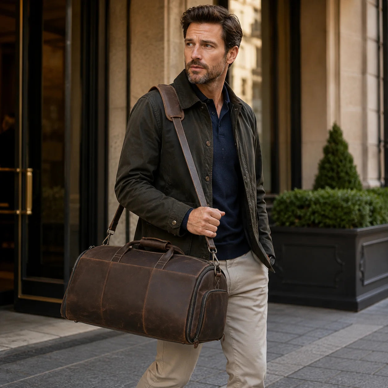 Men’s Leather Garment Duffle Bag – Full-Open Suit & Shoe Travel Bag