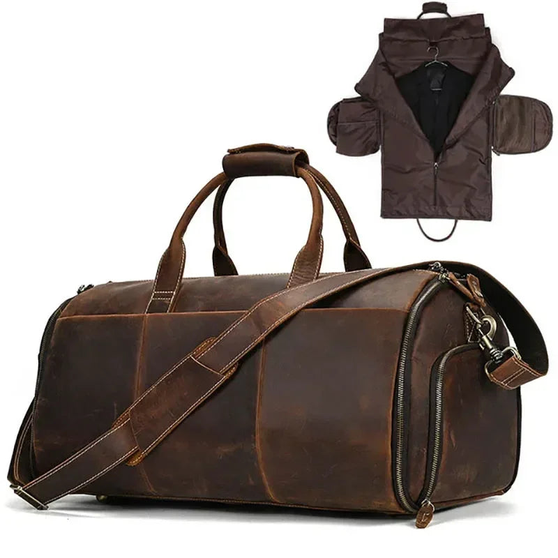 Men’s Leather Garment Duffle Bag – Full-Open Suit & Shoe Travel Bag - Brown