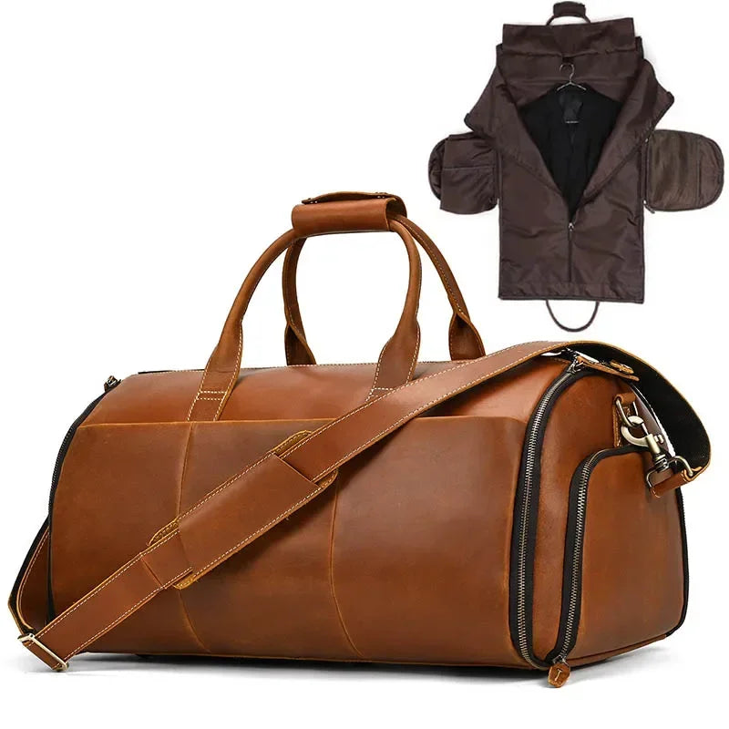 Men’s Leather Garment Duffle Bag – Full-Open Suit & Shoe Travel Bag - Light brown