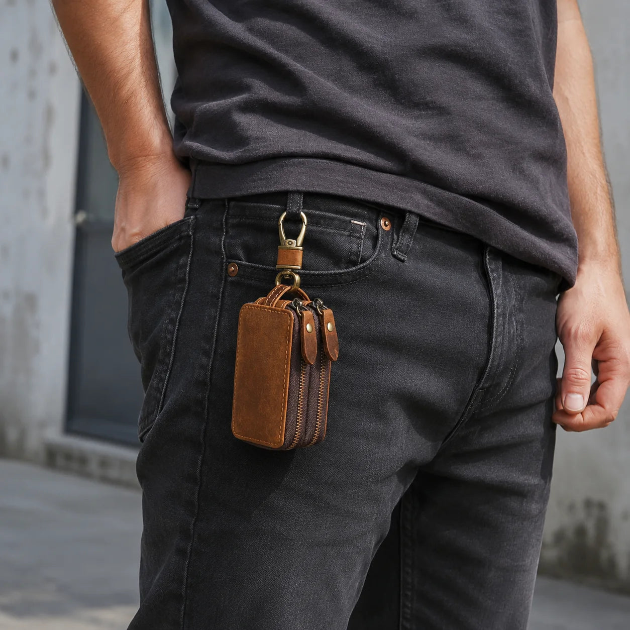 Men’s Leather Key Holder - Double Zip Pouch with Belt Clip