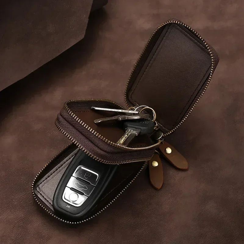 Men’s Leather Key Holder - Double Zip Pouch with Belt Clip