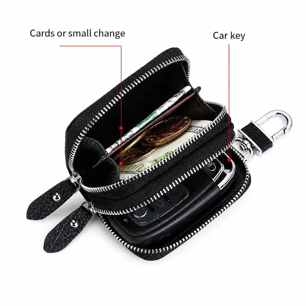 Men’s Leather Key Holder - Double Zip Pouch with Belt Clip