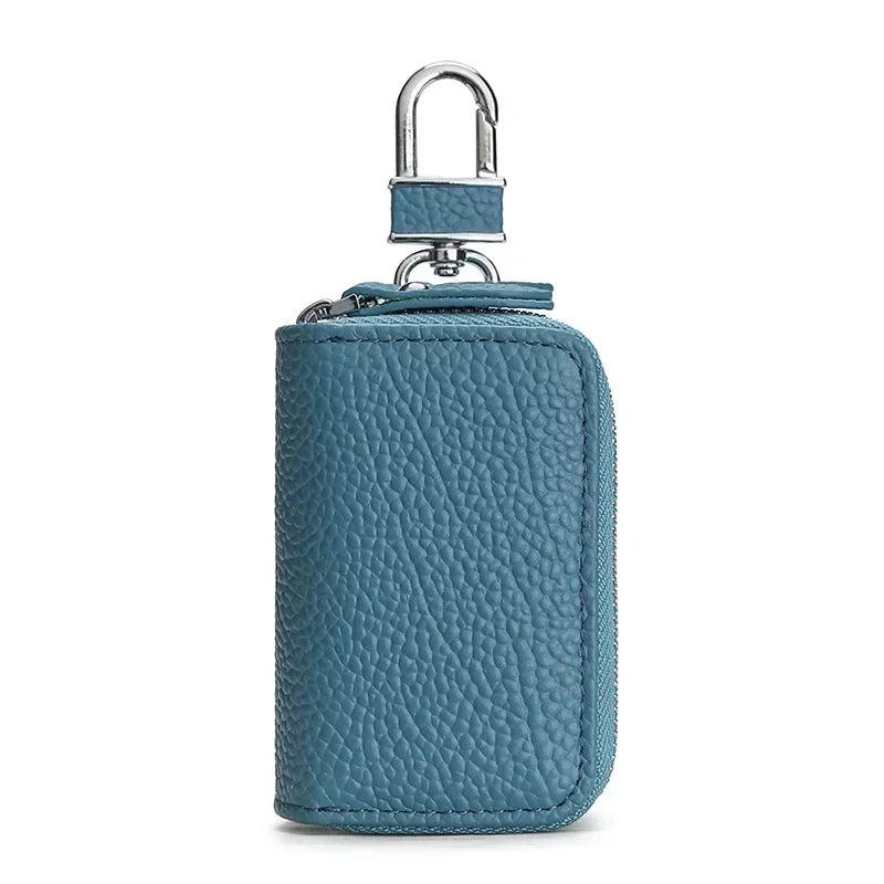 Men’s Leather Key Holder - Double Zip Pouch with Belt Clip - Blue