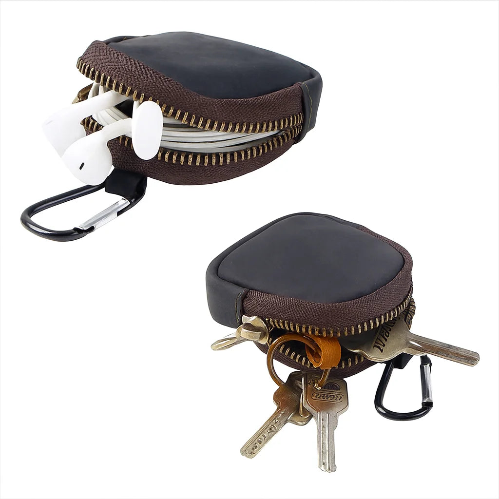 Men’s Leather Key Holder - Zip Coin Pouch with Carabiner
